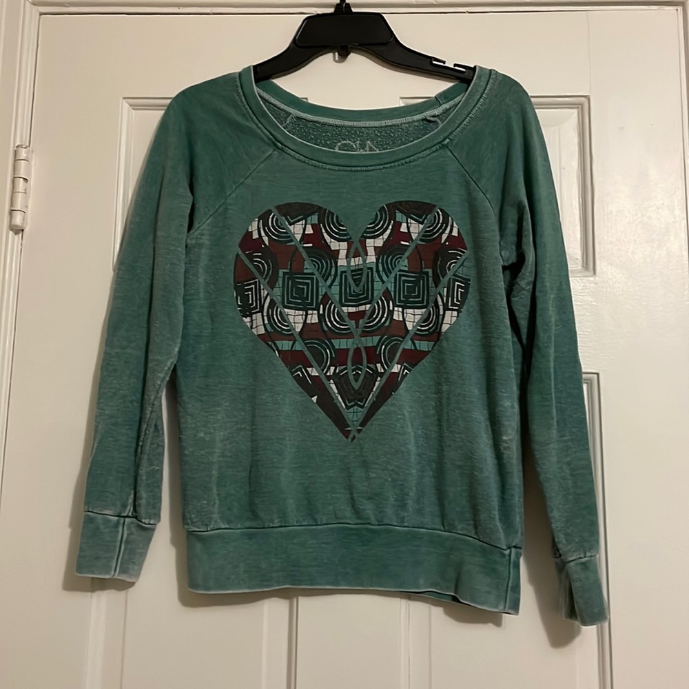 Free People Teal Sweater with Tribal Heart
